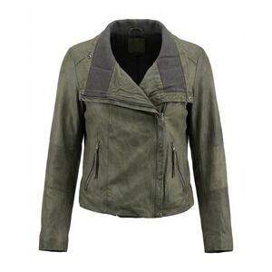 Vintage Y2K GAP Edition Women's Green Leather Bomber Jacket Grunge Moto Size LG